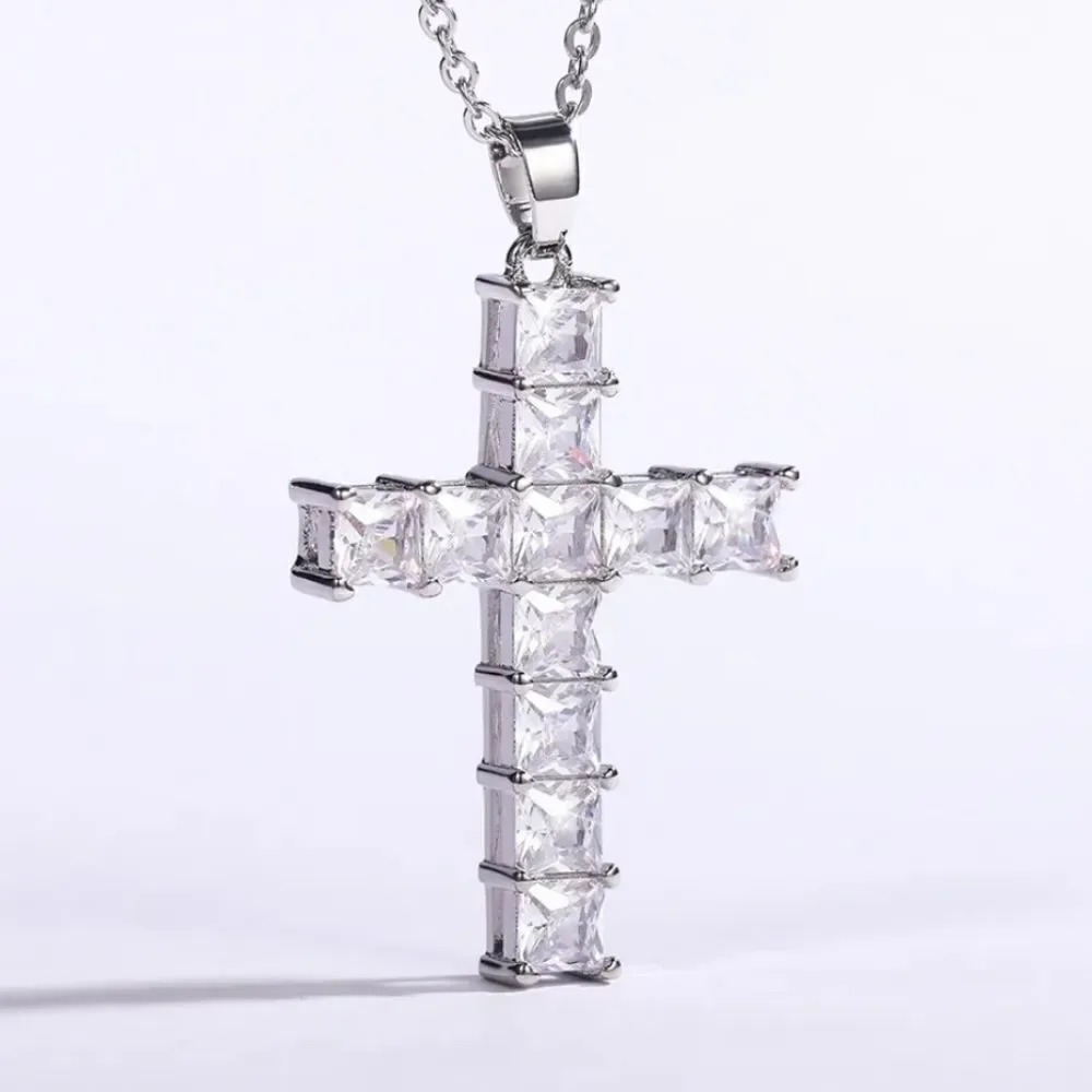 Clear White Halo Diamond Cross Pendant Necklace on 925 Sterling Silver
